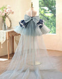 Floral Bow Tulle Flower Girl Dress With Detachable Train | Kids Pageant Gown