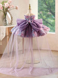 Lavender 3D Floral Flower Girl Dress with Big Bow & Hi-Low Train