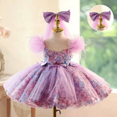 Pastel Purple 3D Floral Feather Tutu Dress | Bow Toddler Flower Girl Birthday Princess Gown