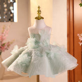 Sage Green Flower Girl Dress with 3D Floral Appliqué Kids Princess Tulle Gown for Birthday Piano Performance Pageant
