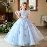Blue with Pink 3D Floral Flower Girl Dress - Birthday Party Stage Performance Fairy Princess Gown