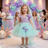 Mint Green Princess Birthday Dress for Toddler Girls | Sequin Flower Girl Tutu Gown with Headband Veil