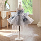 Grey 3D Floral Lace Tulle Flower Girl Dress with Bow and Detachable Train Baby Party Stage Performance Gown