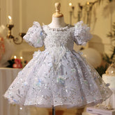 Sparkling Silver Girls Birthday Party Dress - Elegant Tulle Pageant Gown with Puff Sleeves