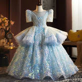 Glittery Ice Blue Princess Flower Girl Dress | Heavy Beaded Baby Birthday Ball Gown