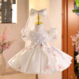 Luxury Satin Flower Girl Dress - 1st Birthday Princess Gown with Veil