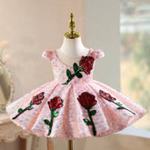 Sleeveless Pink Sequin Rose Flower Girl Dress Princess Birthday Party Gown for Toddler Kids
