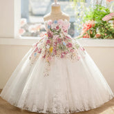 Floral Applique Baby Girl Birthday Dress - Elegant Tulle Baptism Gown, Graduation & Wedding Flower Girl Dress