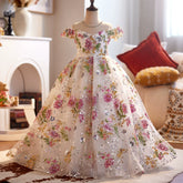 Luxury French Floral Flower Girl Dress | Off-Shoulder Princess Pageant Gown