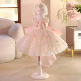Champagne Flower Girl Dress with Big Bow Train 3D Floral Kids Birthday Princess Gown