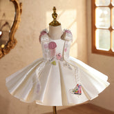Ivory Satin Flower Girl Dress with Bows Luxury Girl Birthday Princess Gown for Piano Performance