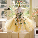 Baby Yellow Fairy Princess Dress with Wings - 3D Floral Vine Tutu Gown for Toddler Birthday & Enchanted Forest Party