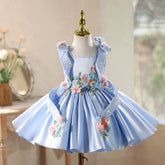 Sky Blue Baby Party Dress Flower Girl Dress with 3D Floral Appliques - Elegant Satin Princess Gown