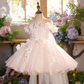 Luxury White 3D Flower Girl Dress with Train | Kids Wedding Gown