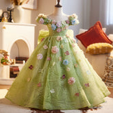 Sage Green Fairy Flower Girl Dress 3D Multi-Color Floral Birthday Princess Gown