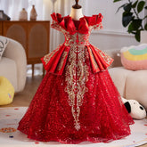 Red & Gold Girls Pageant Dress | Luxury Kids Holiday Gala Birthday Party Gown