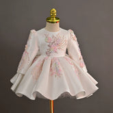 White Long Sleeve Satin Princess Dress Toddler Birthday Ball Gown Sequin Flower Girl Wedding Dress