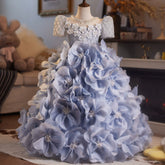 Dusty Blue Girls Pageant Dress | Luxury 3D Floral Recital Gown