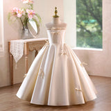 Champagne Satin Flower Girl Dress - Elegant Bows Birthday Party Gown