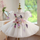 Luxury White Girl Pageant Dress 3D Butterfly Floral Puff Sleeve Birthday Stage Host Gown