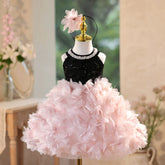 Black and Pink Flower Girl Dress with Pearl Halter Neck & 3D Petal Skirt