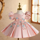 Pink 3D Flower Girl Dress with Puff Sleeves | Luxury Toddler Birthday Gown