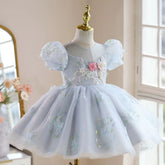 Baby Blue Floral Princess Dress - 3D Rose Sequin Birthday Gown for Toddler - Luxury Lace Puff Sleeve Party Wear