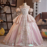 Luxury Pink Flower Girl Dress with Iridescent Sequins | Pageant Princess Gown
