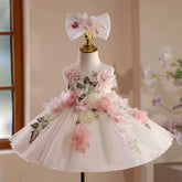 Elegant 3D Floral Applique Flower Girl Dress with Big Bow Headband — Premium Tulle Toddler Princess Ball Gown for 1st Birthday & Weddings