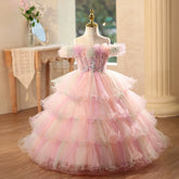 Pink Off Shoulder Tiered Tulle Flower Girl Dress | Princess Birthday Pageant Gown for Kids Wedding Party