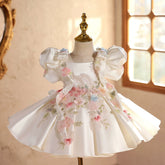 Ivory Satin Flower Girl Dress with Puff Sleeves 3D Floral Birthday Princess Gown