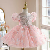Pink Sequin Flower Girl Dress Luxury Tulle Princess Pageant Gown for Toddler Birthday Party