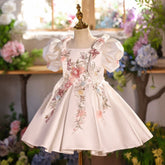 Luxurious 3D Floral Embroidery Flower Girl Dress with Puff Sleeves — Premium Tulle Princess Ball Gown for Weddings & Birthdays