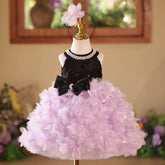 Black Top Lavender 3D Petal Tutu Flower Girl Dress | Pearl Halter Kids Pageant Gown with Big Bow for Birthday Wedding Party