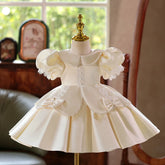 Champagne Satin Peter Pan Collar Flower Girl Dress | Puff Sleeve Lace Bow Kids Wedding Bridesmaid Formal Gown for Birthday Pageant