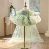 Enchanting Sage Green Flower Girl Dress with Long Train — 3D Floral Kids Princess Gown for Piano Recital, Stage Performance & Weddings