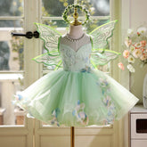 Baby Green Fairy Princess Dress with Butterfly Wings - 3D Floral Tulle Tutu Gown for Toddler Birthday & Forest Party Costume