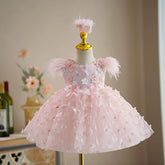 Blush Pink Feather Shoulder 3D Floral Butterfly Tulle Flower Girl Dress With Matching Headpiece
