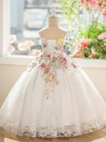 Floral Applique Baby Girl Birthday Dress - Elegant Tulle Baptism Gown, Graduation & Wedding Flower Girl Dress