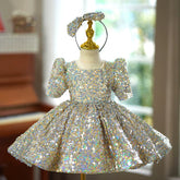 Iridescent Sequin Flower Girl Dress Puff Sleeve Princess Birthday Gown for Piano Performance