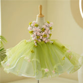 V-Neck Avocado Green Flower Girl Dress with 3D Floral Applique — Whimsical Tulle Kids Princess Gown for Piano Recital, Stage Performance & Birthday