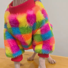 Sphynx Cat Plush Hoodie – Warm Rainbow Plaid Winter Clothes for Hairless Cats