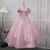 Sparkly Pink Sequin Flower Girl Dress - Girls 3D Flower Princess Ball Gown