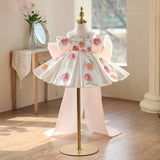 Elegant Ivory Satin Tulip Embroidery Girl Dress with Oversized Back Bow Princess Pageant Gown for Birthday Party