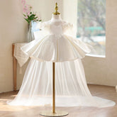 White Feather Detachable Train Flower Girl Dress | Satin Lace Toddler Wedding Pageant Gown