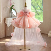 Luxury Pink Flower Girl Dress with Sequin Floral Bodice & Detachable Train
