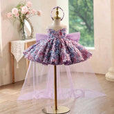 Lavender 3D Floral Flower Girl Dress with Big Bow & Hi-Low Train