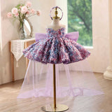 Lavender 3D Floral Flower Girl Dress with Big Bow & Hi-Low Train