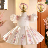 Ivory Princess Flower Girl Dress with Headband - Beaded Pastel Floral Baby Birthday Gown