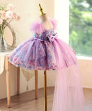 Pastel Purple 3D Floral Feather Tutu Dress | Bow Toddler Flower Girl Birthday Princess Gown